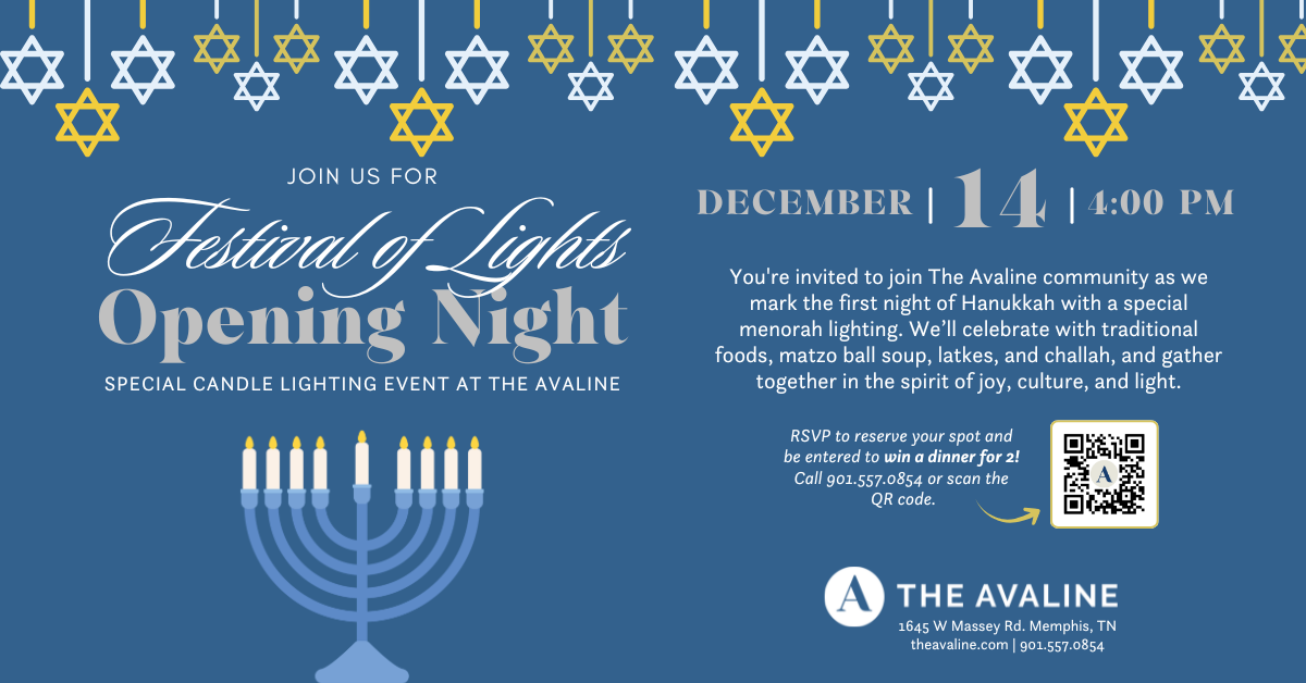 Avaline Hanukkah festival of lights opening night flyer blue, white and silver with menora